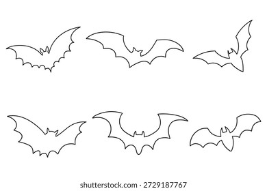 Conjunto de murciélagos dibujados a mano aislados sobre un fondo blanco. Ilustración vectorial.