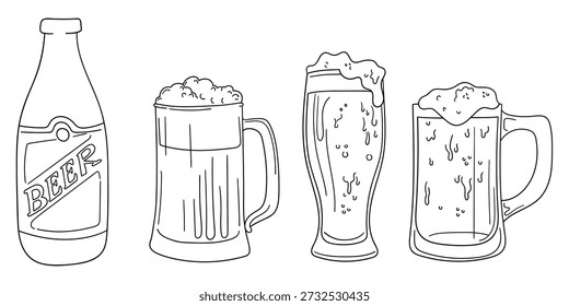 Hand-drawn doodle set of beers isolated on a white background. Bottle, mugs, and glass of beer. Vector illustration.