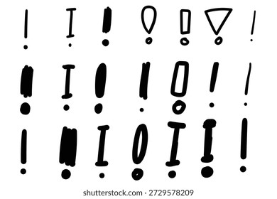 Handgezeichneter Doodle-Satz schwarzer Ausrufezeichen, einzeln auf weißem Hintergrund. Vektorgrafik.