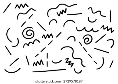 Conjunto de rabiscos desenhado à mão de linhas pretas isoladas em um fundo branco. Ilustração vetorial.
