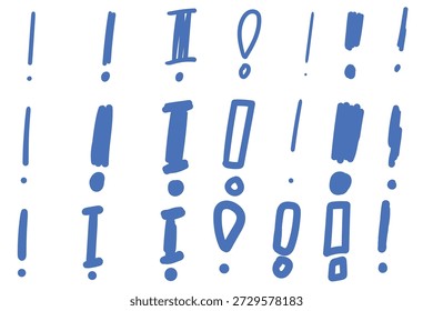 Handgezeichneter Doodle-Satz blauer Ausrufezeichen, einzeln auf weißem Hintergrund. Vektorgrafik.