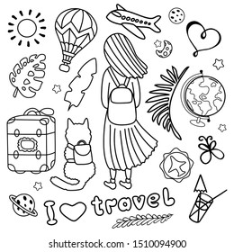  Hand-drawn doodle set. Bullet journal travel stickers for diary. Objects helping in planning diary. Sticky label describes the action for every day. Labeled elements help you make plans. Quick sketch