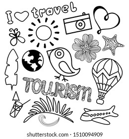  Hand-drawn doodle set. Bullet journal travel stickers for diary. Objects helping in planning diary. Sticky label describes the action for every day. Labeled elements help you make plans. Quick sketch