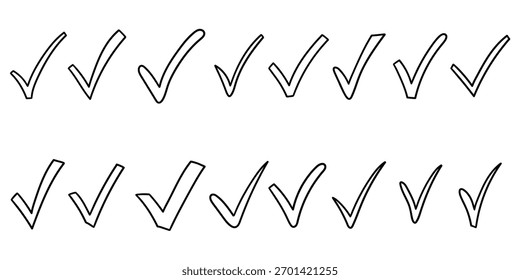 Dibujado a mano doodle conjunto de marcas de verificación aisladas sobre un fondo blanco. Ilustración vectorial.