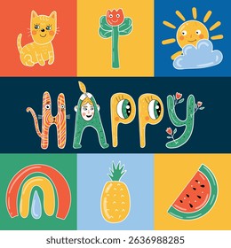Hand-drawn doodle set with cheerful theme: Whimsical doodle characters, playful kitten, colorful rainbow, flower, sunny sky, tropical pineapple, juicy watermelon, joyful lettering design for “Happy”. 