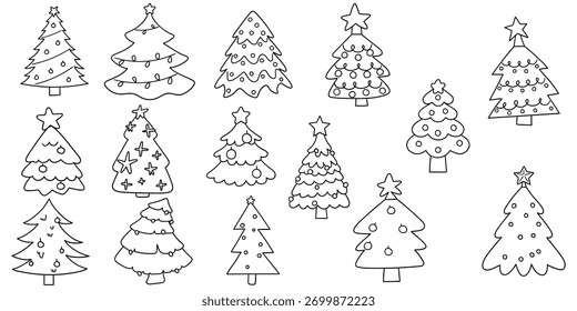 Hand-drawn doodle set of Christmas trees isolated on a white background. Vector illustration.