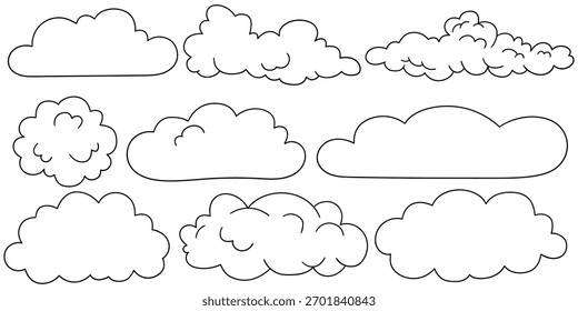 Hand-drawn doodle set of clouds isolated on a white background. Vector illustration.