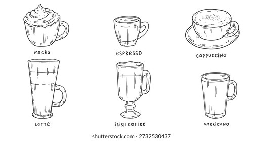 Hand-drawn doodle set of coffee types isolated on a white background. Mocha, espresso, cappuccino, latte, irish coffee, americano. Vector illustration.