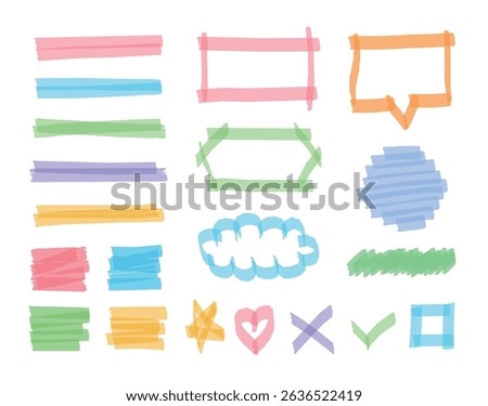 A hand-drawn doodle set of colorful shapes including speech bubbles, stars, hearts, clouds, underlines, slashes, and important check marks. Deco illustrations drawn with a highlighter fan.