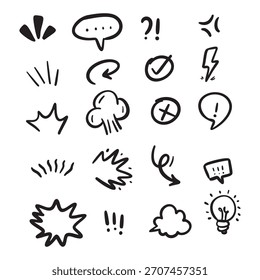 Hand-drawn doodle set of comic speech bubbles and expression elements.