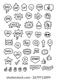 Conjunto de doodle dibujado a mano de burbujas de discurso de estilo cómico y símbolos de boceto