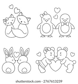 Hand-drawn doodle set of couple animals in love isolated on a white background. Foxes, penguins, rabbits, bears. Vector illustration.