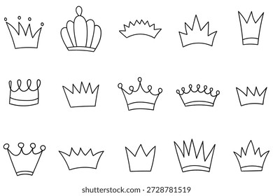 Conjunto de coroas desenhado à mão isolado em um fundo branco. Ilustração vetorial.