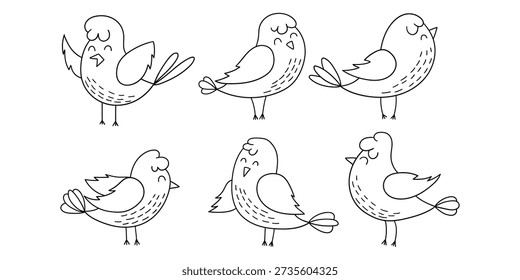 Hand-drawn doodle set of cute birds isolated on a white background. Vector illustration.