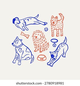 Hand-drawn doodle set of cute dogs and pet accessories in blue and orange outline. Collection includes playful and sitting dogs, fluffy puppies, dog bone, tennis ball, food bowl, and flying disc. Minimal vector-style illustration isolated on a light background, perfect for pet care, veterinary, grooming, animal shelter, and children's design projects.