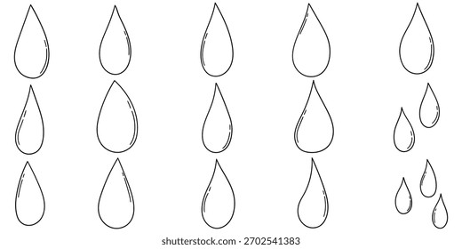 Conjunto de garabatos dibujados a mano de gotas de agua aisladas sobre un fondo blanco. Ilustración vectorial.