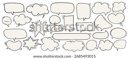 Hand-drawn doodle set of empty speech bubbles and thought clouds. Comic style collection for messages, notes, conversations, and design elements.