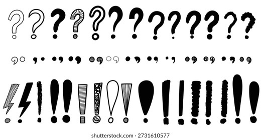 Hand-drawn doodle set of exclamation marks, question marks, dots and commas isolated on a white background. Punctuation marks. Vector illustration.