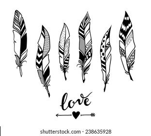 hand-drawn doodle set of feathers 