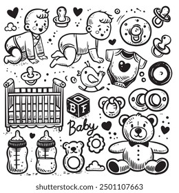 A hand-drawn doodle set featuring baby items including pacifiers bottles crib toys and crawling babies perfect for white background for coloring book use.

