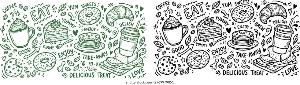 Hand-drawn doodle set featuring coffee, donuts, croissants, cakes, pancakes, and bread. Perfect for cafe menus, coffee shop branding, and food illustrations.