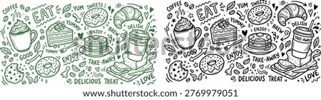 Hand-drawn doodle set featuring coffee, donuts, croissants, cakes, pancakes, and bread. Perfect for cafe menus, coffee shop branding, and food illustrations.