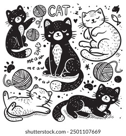 A hand-drawn doodle set featuring cute cats playing with yarn and resting in various poses, perfect for white background for coloring book concept.