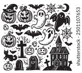 A hand-drawn doodle set featuring Halloween elements like ghosts pumpkins bats and a haunted house perfect for white background for coloring book use.