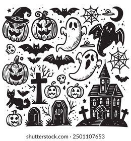 A hand-drawn doodle set featuring Halloween elements like ghosts pumpkins bats and a haunted house perfect for white background for coloring book use.