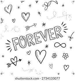 Handgezeichnetes Doodle-Set mit dem Wort "Forever" in dekorativer Schrift, umgeben von verschiedenen romantischen Skizzen, darunter Herzen, Amor'schen Pfeilen, Sternen, Blumen und Unendlichkeitssymbolen in einem minimalistischen Schwarz-Weiß-Stil.