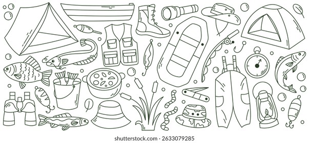 Hand-drawn doodle set of fishing elements in linear style. Includes fishing rods, fish, bait, hooks, nets, boats, and camping gear. Fun and minimal black outline illustrations perfect for summer