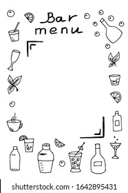 Hand-drawn doodle set, frame, menu blank with empty place for text in the center. Bar products, dishes, drinks, outdoor summer cafe, glasses, bottles, sale, shop, price list. Vector illustration.