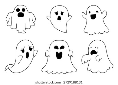 Conjunto de fantasmas dibujados a mano aislados sobre un fondo blanco. Ilustración vectorial.