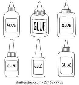 Hand-drawn doodle set of glue bottles isolated on a white background. Vector illustration.