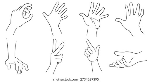 Dibujado a mano doodle conjunto de manos aisladas sobre un fondo blanco. Ilustración vectorial.