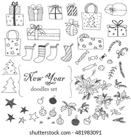 Hand-drawn doodle set happy new year. Christmas vector elements. line art gifts, toys, candy.