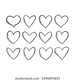 Un conjunto de corazones dibujados a mano aislados en un fondo blanco. Ilustración vectorial.