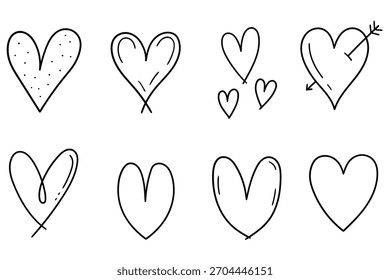 Handgezeichneter Doodle-Satz von Herzen einzeln auf weißem Hintergrund. Vektorgrafik.