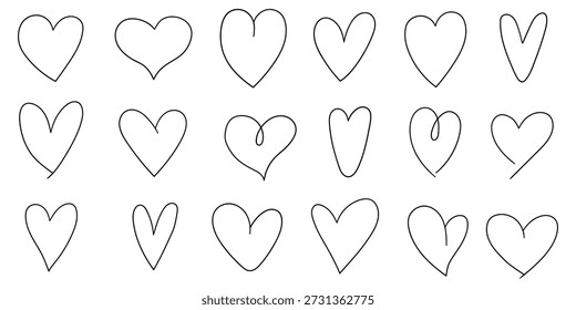 Hand-drawn doodle set of hearts isolated on a white background. Vector illustration.