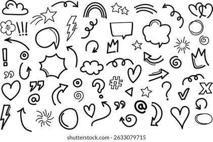 Hand-drawn doodle set with hearts, stars, arrows, scribbles, speech bubbles, cloud, emoji, flowers. Cute vector line art for stickers, digital art, branding, design, stationery, and illustrations.	