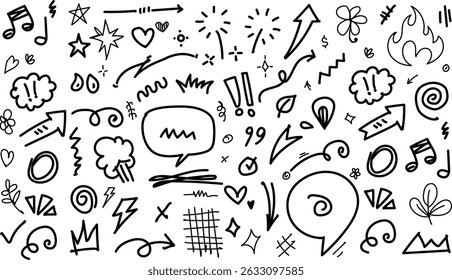 Hand-drawn doodle set with hearts, stars, arrows, scribbles, speech bubbles, emoji, flowers. Cute vector line art for stickers, digital art, branding, design, stationery, and illustrations.	