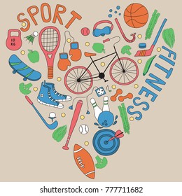 Hand-drawn doodle set of hobbies and sport things. Drawn in the shape of a heart.