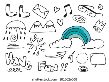 hand-drawn doodle set isolated on white background.