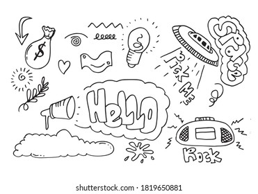 hand-drawn doodle set isolated on white background.