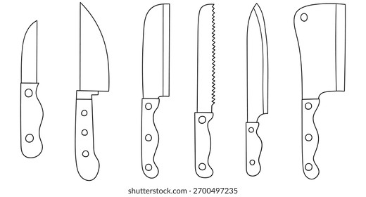 Hand-drawn doodle set of kitchen knives isolated on a white background. Vector illustration.
