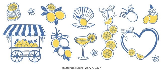Hand-drawn doodle set with lemons, citrus slices, drinks, desserts, and decorative elements. Fresh summer style illustrations perfect for design, packaging, cards, and digital projects