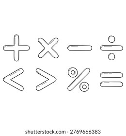 Hand-drawn doodle set of math symbols isolated on a white background. Vector illustration.