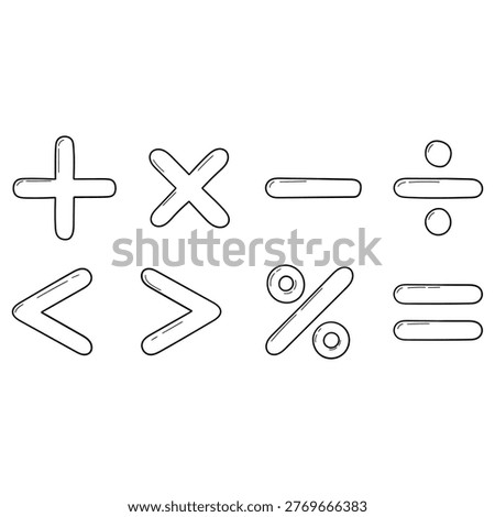 Hand-drawn doodle set of math symbols isolated on a white background. Vector illustration.