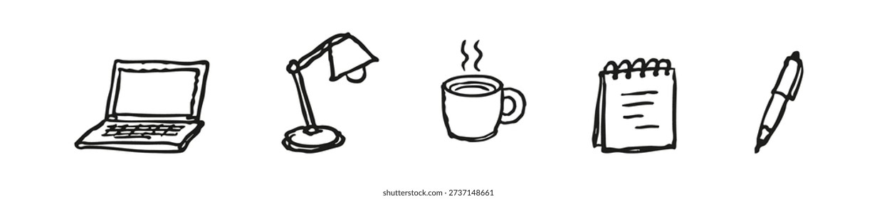 Hand-drawn doodle set of office essentials including a laptop, lamp, coffee mug, notepad, and pen on a white background.