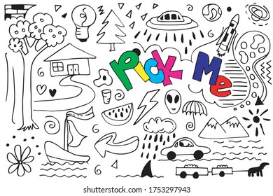 hand-drawn doodle set on white background.